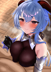  bare_shoulders black_gloves blue_hair blush breasts covered_nipples detached_sleeves female ganyu_(genshin_impact) genshin_impact gloves highres horns implied_paizuri kyo32181 light_smile long_hair medium_breasts pov pov_crotch purple_eyes sidelocks sweat upper_body white_sleeves 