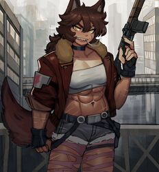  abs animal_ears assault_rifle brown_hair cigarette cityscape ezzydraws female fingerless_gloves fur_trim gloves gun highres jacket multiple_scars muscular muscular_female open_clothes open_jacket original rifle scar scar_across_eye scar_on_face sharp_teeth short_shorts shorts sleeves_rolled_up smoking solo tail tank_top teeth toned trigger_discipline weapon wolf_ears wolf_girl wolf_tail yellow_eyes 