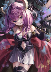  :d arm_support aura_(sousou_no_frieren) balance_scale black_leotard black_thighhighs braid clothing_cutout commentary demon_girl demon_horns elbow_gloves female gloves hair_between_eyes head_tilt highres holding horns jewelry leotard long_hair looking_at_viewer multiple_braids navel navel_cutout neck_ring purple_eyes purple_hair sidelocks sitting skirt smile smirk solo sousou_no_frieren strapless strapless_leotard suidou_chaahan thighhighs weighing_scale white_skirt wind zettai_ryouiki 