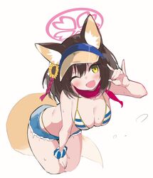  animal_ear_fluff animal_ears bare_shoulders bikini blue_archive blue_bikini blue_shorts breasts brown_hair cleavage commentary denim denim_shorts female flower fox_ears fox_girl fox_tail hair_between_eyes hair_flower hair_ornament halo highleg highleg_bikini highres izuna_(blue_archive) leaning_forward looking_at_viewer medium_breasts oerba_yun_fang official_alternate_costume one_eye_closed one_side_up open_mouth pink_halo red_scarf rope scarf scrunchie shimenawa short_hair short_shorts shorts simple_background skin_fang smile solo striped_bikini striped_clothes sunflower sunflower_hair_ornament sweat swimsuit tail thighs visor_cap white_background white_stripes wrist_scrunchie yabai_gorilla yellow_eyes 