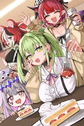  4girls absurdres animal_ears black_choker black_hair breasts cake cardigan center_frills ceres_fauna ceres_fauna_(jirai_kei) choker cleavage cleavage_cutout clothing_cutout crown food fork frills fruit gem green_hair hakos_baelz hand_up highres holding holding_food holding_fork holding_fruit hololive hololive_english irys_(casualrys)_(hololive) irys_(hololive) jadea5124 koseki_bijou large_breasts long_hair looking_at_viewer maid_headdress mouse_ears mouse_girl multicolored_hair multiple_girls official_alternate_costume pebble_(koseki_bijou) plate purple_gemstone red_hair shirt sparkling_eyes strawberry_shortcake streaked_hair tree_horns virtual_youtuber white_hair white_shirt yellow_cardigan 