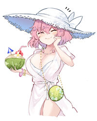  breasts cleavage closed_eyes closed_mouth collarbone commentary_request cowboy_shot cropped_legs deetamu dress drinking_straw female food fruit hair_between_eyes hat highres holding holding_food holding_fruit large_breasts official_alternate_costume pink_hair saigyouji_yuyuko saigyouji_yuyuko_(seamless_swimsuit_ghost) short_hair simple_background smile solo straw_hat touhou touhou_lostword white_background white_dress white_hat 