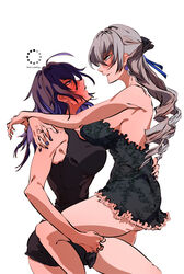  2girls absurdres black_tank_top blue_eyes blue_hair blush breasts bronya_rand buffering earrings grey_eyes grey_hair highres honkai:_star_rail honkai_(series) jewelry kyanduru large_breasts long_hair looking_at_another multiple_girls nightgown seductive_smile seele_(honkai:_star_rail) sideboob smile tank_top yuri 