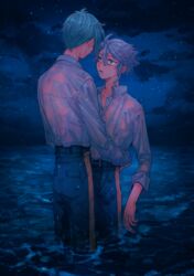  2boys absurdres aqua_hair arm_at_side azul_ashengrotto belt blue_theme collared_shirt dress_shirt grey_hair hair_between_eyes highres hug jade_leech long_sleeves looking_at_another male_focus matsuko_(mrimri3) mole mole_under_eye multiple_boys night night_raven_college_uniform night_sky ocean outdoors pants parted_lips shirt short_hair sidelocks sky star_(sky) starry_sky twisted_wonderland wading water wet wet_clothes wet_shirt white_shirt yaoi 