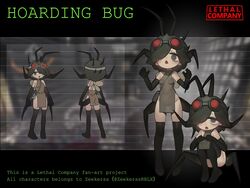  arthropod_girl arthropod_limbs bag bags_under_eyes black_thighhighs bottomless breasts copyright_name english_commentary english_text entity_(lethal_company) fangs female goggles goggles_on_head grey_eyes hair_over_one_eye highres hoarding_bug_(lethal_company) humanization insect_wings kamitoge_supino lethal_company no_pants personification red_goggles satchel small_breasts thighhighs twitter_username wings 