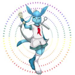  1:1 ambiguous_gender anchor anthro asymmetrical_footwear blue_body blue_eyes bottomwear clothing diamond_shape eeveelution eyebrows feet footwear generation_4_pokemon glaceon half-closed_eyes hi_res holding_anchor holding_object holding_weapon male_(lore) minamitsu_murasa narrowed_eyes nintendo paws paws_in_socks pkmgx pokemon pokemon_(species) portrait pose presenting rainbow rainbow_colors raised_eyebrow red_scarf sailor_collar sailor_hat sailor_uniform scarf simple_background skirt smile smiling_at_viewer smirk smirking_at_viewer socks solo standing tail toes touhou weapon white_background 