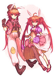  1boy animal_ears black_gloves black_headwear boots bow bowtie breasts brown_footwear fake_animal_ears fate/grand_order fate/grand_order_arcade fate_(series) female flower full_body gloves hat husband_and_wife long_hair midriff navel orange_eyes orange_hair pants pink_bow pink_bowtie pink_footwear ponytail rabbit_ears rama_(fate) satoimo_(3311_mi) short_sleeves simple_background sita_(fate) skirt small_breasts top_hat twintails white_background white_pants 