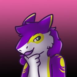  1:1 ambiguous_gender anthro arm_markings bust_portrait digital_media_(artwork) female_(lore) fur gradient_background green_eyes hand_on_chin looking_at_viewer markings mauve_(mauvedash) multicolored_body multicolored_fur open_mouth portrait purple_body purple_fur sergal shoulder_markings simple_background solo toffee_creation white_body white_fur yellow_body yellow_fur 