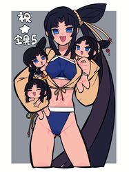  4girls bikini black_hair blue_bikini blue_eyes breasts chibi closed_eyes fate/grand_order fate_(series) hacco_mayu hair_bun highres impossible_clothes impossible_swimsuit jacket long_hair long_sleeves looking_at_viewer medium_breasts multiple_girls multiple_persona navel open_mouth parted_bangs side_ponytail sidelocks single_side_bun smile swimsuit thighs translation_request ushiwakamaru_(fate) ushiwakamaru_(swimsuit_assassin)_(fate) ushiwakamaru_(swimsuit_assassin)_(first_ascension)_(fate) very_long_hair yellow_jacket 