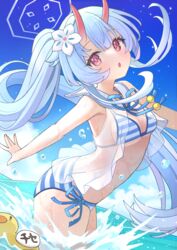  :o absurdres arched_back bare_arms bikini blue_archive blue_hair blue_halo blue_ribbon blue_sky blue_stripes breasts chise_(blue_archive) chise_(swimsuit)_(blue_archive) cleavage cloud cowboy_shot day eyelashes female floating_hair flower gradient_horns hair_between_eyes hair_between_horns hair_flower hair_ornament halo head_tilt highres horns light_blue_hair light_blush long_hair multicolored_horns nomio open_mouth outdoors outstretched_arms pink_eyes red_horns ribbon rubber_duck sailor_collar see-through side_ponytail sidelocks skin-covered_horns sky sleeveless small_breasts solo splashing standing straight_hair striped_bikini striped_clothes swimsuit very_long_hair wading water water_drop wet white_flower white_sailor_collar white_stripes 