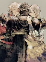  2boys armor black_cape black_hair blonde_hair cape clive_rosfield copyright_name female final_fantasy final_fantasy_xvi grey_hair grey_wolf group_hug highres hug jill_warrick joshua_rosfield looking_at_another multiple_boys smile torgal_(ff16) wolf zerou_pan 