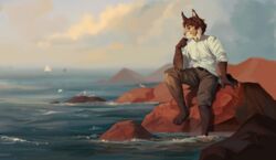  2023 aidan_(sryer) anthro brown_hair clothed clothing cloud eurasian_lynx felid feline hair hi_res lynx male mammal novikjpg rock sitting sky solo water yellow_eyes 