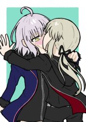  2girls ahoge am0930 artoria_pendragon_(fate) belt black_ribbon black_shorts blonde_hair blush fate/grand_order fate/stay_night fate_(series) fur_trim grabbing_another&#039;s_chin hair_ribbon hand_on_another&#039;s_chin highres jacket jeanne_d&#039;arc_alter_(fate) jeanne_d&#039;arc_alter_(ver._shinjuku_1999)_(fate) kabedon kissing long_hair looking_at_another multiple_girls official_alternate_costume ponytail ribbon saber_alter saber_alter_(ver._shinjuku_1999)_(fate) short_hair shorts sweatdrop white_hair yellow_eyes yuri 