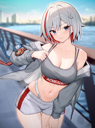  95--- absurdres blue_sky breasts cleavage colored_inner_hair commission female fence grey_hair grey_jacket grey_pants grey_sports_bra hair_ornament highres honkai:_star_rail honkai_(series) jacket large_breasts long_sleeves looking_at_viewer midriff mole mole_on_shoulder multicolored_hair navel off_shoulder open_clothes open_jacket outdoors pants patch pom-pom_(honkai:_star_rail) red_hair second-party_source short_hair short_shorts shorts sky solo sports_bra standing streaked_hair thigh_gap thighs topaz_(honkai:_star_rail) water wubbaboo_(honkai:_star_rail) 