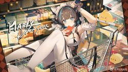  &gt;_&lt; animal_ears apron aqua_eyes arm_garter azur_lane black_hair blue_nails breasts cheshire_(azur_lane) cleavage commentary_request fake_animal_ears feet_out_of_frame female frilled_hairband frilled_ribbon frills hairband happy_new_year highres holding in_shopping_cart indoors kuuus large_breasts looking_at_viewer maid_headdress manjuu_(azur_lane) multicolored_hair nail_polish purple_apron pushing_cart ribbon shopping_cart short_hair sitting solo streaked_hair supermarket thighhighs white_thighhighs wrist_cuffs 