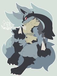  2023 3:4 absurd_res ambiguous_gender anthro big_tail black_body black_fur blue_body blue_fur claws fluffy fur generation_4_pokemon hi_res looking_at_viewer lucario multi_tail multicolored_ears nintendo nyaswitchnya pokemon pokemon_(species) red_eyes signature simple_background solo spikes spikes_(anatomy) tail tuft 