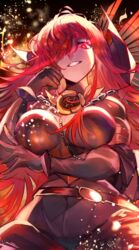  absurdres armor belt black_bodysuit bodysuit breastplate breasts cape chains collared_cape fate/grand_order fate_(series) female glowing glowing_eye grin hair_over_one_eye highres large_breasts long_hair looking_at_viewer mochiboni oda_nobunaga_(fate) oda_nobunaga_(maou_avenger)_(fate) oda_uri popped_collar red_cape red_eyes red_hair smile solo very_long_hair 