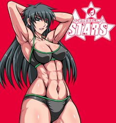  abs armpits arms_up bikini black_bikini black_hair blue_eyes breasts cleavage collarbone covered_nipples female flexing green_trim highres large_breasts logo long_hair looking_at_viewer muscular muscular_female navel open_mouth original posing red_background retro_artstyle shiny_skin simamoto_utako solo spiked_hair swimsuit taroimo_(00120014) wrestling 