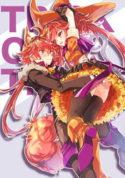  1boy animal_ears bell black_jacket black_pants black_thighhighs bow bowtie cloak closed_mouth earrings fake_animal_ears fake_tail fate/grand_order fate/grand_order_arcade fate_(series) female fingerless_gloves fur-trimmed_jacket fur_trim gloves halloween hand_on_another&#039;s_ass highres husband_and_wife jacket jewelry layered_skirt long_hair looking_at_another neck_bell open_clothes open_jacket open_mouth orange_eyes orange_footwear orange_headwear orange_shirt pants purple_bow purple_bowtie purple_cloak rama_(fate) satoimo_(3311_mi) shirt simple_background sita_(fate) skirt sleeve_rolled_up smile tail text_background thighhighs twintails white_background 