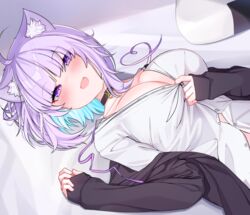  absurdres ahoge animal_ear_fluff animal_ears aurahman blue_hair blush breasts cat_ears cat_girl cleavage colored_inner_hair female highres hololive large_breasts looking_at_viewer lying medium_hair multicolored_hair naked_shirt neck_ribbon nekomata_okayu nekomata_okayu_(oversized_shirt) oerba_yun_fang official_alternate_costume on_back open_mouth purple_eyes purple_hair purple_ribbon ribbon shirt smile untied_ribbon virtual_youtuber white_shirt 