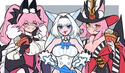  3girls animal_ear_fluff animal_ears bare_shoulders black_bow black_gloves black_headwear black_skirt blue_eyes blue_leotard blue_ribbon blush bow breasts cat_ears cat_girl cat_tail choker cleavage cloak closed_eyes coat corset crepe detached_collar detached_sleeves dobrynya_nikitich_(fate) dobrynya_nikitich_(third_ascension)_(fate) dress dress_shirt eating epaulettes fate/grand_order fate_(series) food fox_ears fox_girl fox_tail glasses gloves hacco_mayu hair_between_eyes hairband hairbow hat highres koyanskaya_(assassin)_(second_ascension)_(fate) koyanskaya_(fate) koyanskaya_(foreigner)_(second_ascension)_(fate) large_breasts leotard long_hair long_sleeves looking_at_viewer low_ponytail multiple_girls off_shoulder open_mouth pink_hair rabbit_ears red_coat ribbon shirt short_dress sidelocks skirt smile tail tamamo_(fate) top_hat twintails underbust white_cloak white_dress white_hair white_shirt wide_sleeves yellow_eyes 