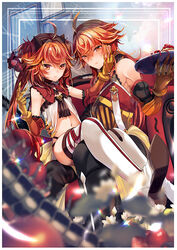  1boy ahoge babydoll black_pants blurry boots border bug centipede depth_of_field earrings fake_horns fate/grand_order fate/grand_order_arcade fate_(series) female flower fork heart_(organ) high_heels highres holding holding_fork holding_tray horns husband_and_wife jewelry looking_at_viewer navel orange_eyes orange_hair pants parted_lips rama_(fate) satoimo_(3311_mi) sita_(fate) sitting sleeveless thigh_boots tray white_border 