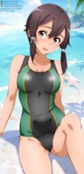  :d arm_support asada_shino ass_visible_through_thighs bare_shoulders beach black_one-piece_swimsuit blue_sky blurry blurry_background blush breasts brown_eyes brown_hair cloud collarbone commentary competition_swimsuit cowboy_shot day deviantart_logo deviantart_username english_commentary facebook_logo facebook_username female german_commentary green_one-piece_swimsuit hair_between_eyes hair_ribbon highres looking_at_viewer medium_breasts mixed-language_commentary no_eyewear one-piece_swimsuit open_mouth outdoors pixiv_id pixiv_logo ribbon short_hair shugo19 sitting sky smile solo swimsuit sword_art_online tress_ribbon twitch_logo twitch_username twitter_logo twitter_username two-tone_one-piece_swimsuit variant_set water 