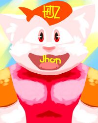  4:5 anthro domestic_cat felid feline felis jhon_(jhon&#039;s_story) mammal orange_sleeves red_eyes smile solo stretch_fabric_shirt zandriel123 