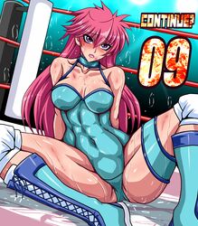  abs bare_shoulders breasts bruise bruise_on_face bruised_chest collarbone continue countdown female gameplay_mechanics highres injury large_breasts long_hair looking_at_viewer mighty_yukiko muscular muscular_female on_floor open_mouth pink_hair purple_eyes retro_artstyle shaded_face shiny_skin sitting solo spiked_hair sweat taroimo_(00120014) tongue wrestle_angels wrestling wrestling_boots wrestling_outfit wrestling_ring 