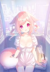  :d amamiya_aki animal_ears bag braid breasts building cleavage collarbone commentary_request cup day disposable_cup dress drinking_straw female ferris_wheel ferris_wheel_interior hair_ornament hairclip handbag head_tilt highres looking_at_viewer mofu-mofu_after_school mofumofu_channel p19 pink_hair puffy_short_sleeves puffy_sleeves purple_eyes short_sleeves sitting small_breasts smile solo swept_bangs tail twintails white_dress 