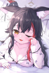  ;d absurdres alternate_costume animal_ears bed black_hair blurry blurry_background breasts brown_eyes cleavage collarbone collared_shirt commentary_request depth_of_field dress_shirt female hair_between_eyes hand_up highres hololive indoors long_hair long_sleeves masaki_(msk064) medium_breasts multicolored_hair one_eye_closed ookami_mio pajamas print_pajamas print_shirt puffy_long_sleeves puffy_sleeves red_hair rubbing_eyes shirt sleeves_past_wrists smile solo streaked_hair under_covers virtual_youtuber white_pajamas white_shirt wolf_ears wolf_print 