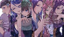  1boy 5girls adam&#039;s_apple ah-duo_(kusuriya_no_hitorigoto) androgynous bell blue_eyes blue_hair blunt_bangs breasts chinese_clothes circlet closed_mouth column_lineup dancing earrings flower folded_fan folding_fan green_hair gyokuyou_(kusuriya_no_hitorigoto) hair_between_eyes hair_flower hair_ornament hair_over_one_eye hair_stick hand_fan hand_up hanfu holding holding_fan jacket jewelry jingle_bell jinshi_(kusuriya_no_hitorigoto) kusuriya_no_hitorigoto large_breasts light_particles lihua_(kusuriya_no_hitorigoto) lishu_(kusuriya_no_hitorigoto) long_hair long_sleeves looking_at_viewer looking_to_the_side looking_up maomao_(kusuriya_no_hitorigoto) multiple_girls necklace ninaxi_sham one_eye_covered parted_bangs pink_hair profile purple_eyes purple_hair sideways_glance simple_background sparkle starry_sky_print tassel tassel_earrings upper_body white_background 