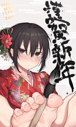  absurdres barefoot batatata77 between_toes black_hair blush closed_mouth commentary_request feet female flower foot_focus foot_up foreshortening grey_background grey_eyes hair_between_eyes hair_flower hair_ornament happy_new_year highres holding_with_feet japanese_clothes kimono looking_at_viewer nengajou new_year original paintbrush print_kimono red_flower red_kimono sidelocks simple_background soles solo toe_scrunch toenails toes 