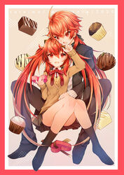  1boy :d black_jacket black_pants black_ribbon black_skirt black_socks border bow bowtie box box_of_chocolates cardigan chocolate fate/grand_order fate/grand_order_arcade fate_(series) female full_body hair_ribbon highres holding holding_box husband_and_wife jacket long_hair long_sleeves looking_at_another looking_at_viewer open_mouth orange_hair pants ponytail rama_(fate) red_border red_bow red_bowtie red_eyes ribbon satoimo_(3311_mi) school_uniform simple_background sita_(fate) sitting skirt smile socks twintails yellow_cardigan 