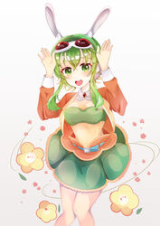  absurdres animal_ears blush brooch detached_collar female flower goggles goggles_on_head green_eyes gumi hands_up headphones highres jacket jewelry long_sleeves looking_at_viewer navel open_mouth rabbit_ears rabbit_pose short_hair_with_long_locks skirt smile solo sorami strapless tube_top vocaloid 