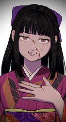  absurdres blood blood_on_face blood_on_hands blunt_bangs bow brown_eyes commentary crying crying_with_eyes_open empty_eyes female furrowed_brow gegege_no_kitarou hairbow half_updo hand_on_own_chest head_tilt highres hime_cut japanese_clothes kimono kitarou_tanjou:_gegege_no_nazo long_hair looking_at_viewer midori_(rgonkr) mole mole_under_eye obi open_mouth pink_kimono print_kimono purple_bow ryuuga_sayo sanpaku sash sidelocks simple_background single_tear smile solo tears upper_body vignetting white_background yagasuri 