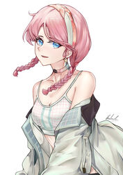  :d absurdres arknights bare_shoulders blue_eyes blue_poison_(arknights) blue_poison_(shoal_beat)_(arknights) braid breasts bwcloud choker cleavage commentary_request crop_top female grey_jacket hairband highres jacket long_hair long_sleeves looking_at_viewer midriff off_shoulder official_alternate_costume open_mouth pink_choker pink_hair simple_background small_breasts smile solo sports_bra twin_braids upper_body white_background white_sports_bra 