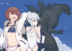  2girls alternate_costume bikini blue_eyes blue_sky breasts brown_eyes brown_hair casual_one-piece_swimsuit cloud commentary_request cowboy_shot crossover day flat_chest flower frilled_one-piece_swimsuit frills godzilla godzilla_(minus_one) godzilla_(series) godzilla_minus_one hair_flower hair_ornament hibiki_(kancolle) highres hood hooded_jacket jacket kaijuu kantai_collection long_hair minosu multiple_girls one-piece_swimsuit outdoors ponytail short_hair sky small_breasts smile swimsuit two-tone_bikini unfinished white_hair white_jacket white_one-piece_swimsuit yukikaze_(kancolle) 