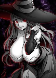  breasts cleavage collarbone commentary_request commission detached_sleeves dragon&#039;s_crown dress ebiblue female gesugao greyscale hand_in_own_hair hand_on_own_thigh hat huge_breasts leaning_forward long_hair monochrome red_eyes signature skeb_commission solo sorceress_(dragon&#039;s_crown) spot_color twitter_username witch witch_hat 