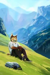  2023 aidan_(sryer) anthro backpack brown_hair cheek_tuft closed_eyes clothed clothing eurasian_lynx facial_tuft felid feline grass hair hi_res lynx male mammal mountain_range novikjpg plant short_tail smile solo tail tuft 