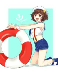  akiyama_yukari alternate_costume anchor_symbol arai_ako armpits blue_background blue_shorts border brown_eyes brown_hair character_name crop_top female girls_und_panzer highres looking_at_viewer shirt shorts smile solo stomach suspenders white_border white_shirt 