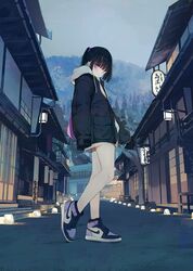  architecture bare_legs_girl_(kamizaki_hibana) black_hair black_jacket closed_mouth commentary_request east_asian_architecture female full_body grey_sky hood hood_down hoodie jacket kamizaki_hibana looking_at_viewer multicolored_footwear nike_(company) original outdoors purple_eyes purple_footwear sky sleeves_past_fingers sleeves_past_wrists solo standing thighs tree twintails white_footwear white_hoodie 