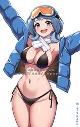  arms_up bikini black_eyes black_jacket blue_archive blue_hair blue_jacket breasts cleavage coat commission cosplay eimi_(blue_archive) eimi_(blue_archive)_(cosplay) eimi_(swimsuit)_(blue_archive) female goggles goggles_on_head highres jacket large_breasts medium_hair namu_(112namu) open_clothes open_jacket original outstretched_arms pixiv_commission scarf side-tie_bikini_bottom simple_background ski_goggles solo swimsuit twitter_username white_background white_scarf winter_clothes winter_coat 