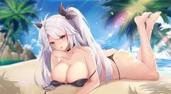  ass azur_lane bare_legs bare_shoulders barefoot beach bikini bird black_bikini black_choker blue_sky blush breasts brown_eyes choker cleavage cloud crossed_ankles crossed_legs day downscaled feet feet_up female hair_between_eyes hair_ornament head_rest jungle large_breasts long_hair looking_at_viewer lying multicolored_hair nature non-web_source ocean official_alternate_costume on_stomach open_mouth outdoors palm_tree prinz_eugen_(azur_lane) resized san_zhi_chun sand seagull shadow sideboob sky smile soles solo swimsuit the_pose thong thong_bikini toes tree tropical two_side_up water white_hair 