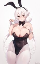  animal_ears bare_shoulders black_bow black_bowtie black_leotard blush bow bowtie breasts cleavage closed_mouth commentary covered_navel detached_collar english_commentary fake_animal_ears female gradient_background grey_background hair_between_eyes hand_on_own_chest highres iwbitu large_breasts leotard long_hair looking_at_viewer nyopu original pantyhose playboy_bunny rabbit_ears red_eyes smile thick_eyebrows twitter_username white_hair white_pantyhose 