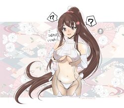  absurdres alternate_costume aran_legwear breasts brown_eyes brown_hair cherry_blossoms detached_sleeves female flower garter_straps hair_flower hair_ornament highres kantai_collection large_breasts long_hair meme_attire navel panties ponytail ribbed_legwear ribbed_panties ribbed_sleeves ribbed_sweater ribbed_thighhighs side-tie_panties sideboob sleeveless sleeveless_sweater sleeveless_turtleneck solo sweater tada_(tactical_tada) translation_request turtleneck turtleneck_sweater underwear very_long_hair virgin_destroyer_sweater white_garter_straps white_panties white_sweater yamato_(kancolle) 