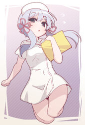  :o alternate_costume black_eyes border coeiroink commentary_request dress feet_up female flower_knot flying_sweatdrops folder full_body grey_hair hair_ribbon hand_up hat holding holding_folder kasukeomote looking_at_viewer nurse nurse_cap outside_border purple_background raised_eyebrows ribbon short_dress short_hair_with_long_locks short_sleeves solo striped striped_background thighs tsukuyomi-chan white_border white_dress 