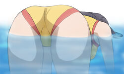  asphyxiation ass black_hair breasts drowning female from_behind haruyama_kazunori houkago_teibou_nisshi kotani_sayaka long_hair one-piece_swimsuit solo swimsuit underwater yellow_one-piece_swimsuit 