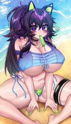  ahoge animal_ears beach bikini bikini_bottom_only black_choker black_hair breasts choker cleavage collarbone crawling_dreams female food food_in_mouth green_bikini green_nails hair_between_eyes highres holding holding_food holding_popsicle huge_breasts long_hair navel nyarla_(osiimi) ocean osiimi paid_reward_available popsicle purple_eyes shore side-tie_bikini_bottom sitting solo swimsuit thigh_strap thighs underboob zipper 