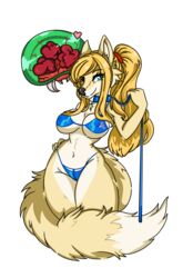  alpha_channel anthro bikini blonde_hair blush bound camel_toe canid canine clothed clothing collar female floating_heart fluffy fluffy_tail fox fox_samus_aran fur hair heart_symbol hi_res kitsuahri leash mammal metroid navel nintendo nipples ponytail samus_aran skimpy smile swimwear tail yellow_body yellow_fur 